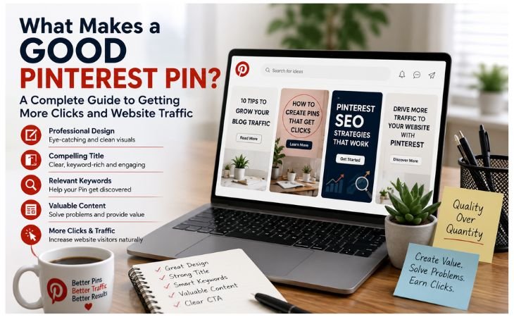 What Makes a Good Pinterest Pin infographic showing professional Pinterest Pin design, keyword optimization, compelling titles, valuable content, and strategies for increasing website traffic.