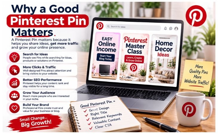 What Makes a Good Pinterest Pin infographic explaining why a professional Pinterest Pin improves Pinterest SEO, attracts more clicks, increases organic website traffic, and builds a stronger online brand.