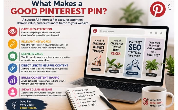 What Makes a Good Pinterest Pin infographic showing the essential elements of a successful Pinterest Pin including design, keywords, valuable content, and website traffic strategy.