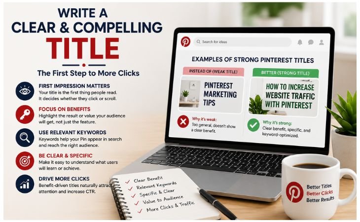 What Makes a Good Pinterest Pin? infographic explaining how to write a clear, compelling, keyword-rich Pinterest title that increases clicks, improves Pinterest SEO, and drives website traffic.