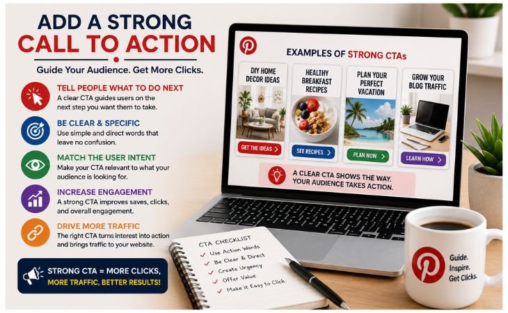 What Makes a Good Pinterest Pin infographic showing how a strong Call to Action (CTA) encourages users to click, visit your website, improve Pinterest SEO, and increase organic traffic.