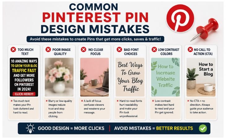 What Makes a Good Pinterest Pin infographic showing common Pinterest Pin design mistakes such as too much text, poor image quality, weak titles, missing CTA, and incorrect Pinterest SEO practices.