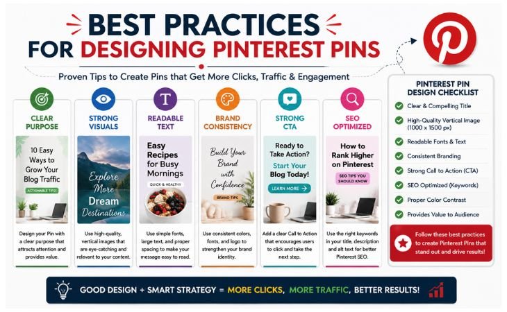 What Makes a Good Pinterest Pin infographic showing the best practices for designing Pinterest Pins with a checklist for SEO, branding, high-quality images, and strong call-to-action.