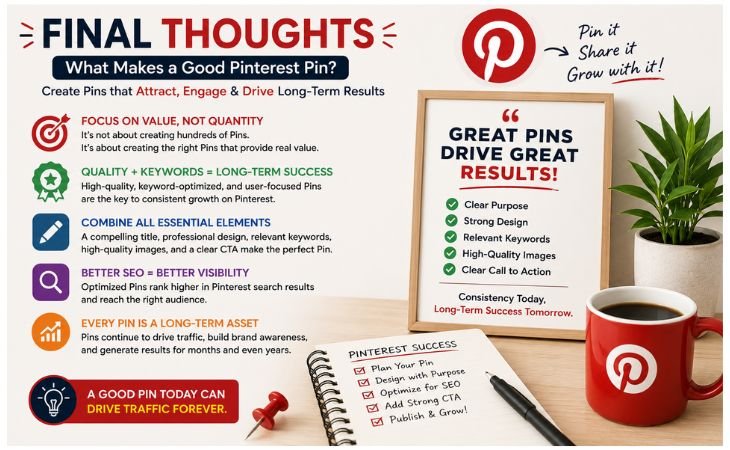 What Makes a Good Pinterest Pin final thoughts infographic explaining how quality Pinterest Pins, SEO, strong design, keywords, and call-to-action help generate long-term website traffic and Pinterest marketing success.