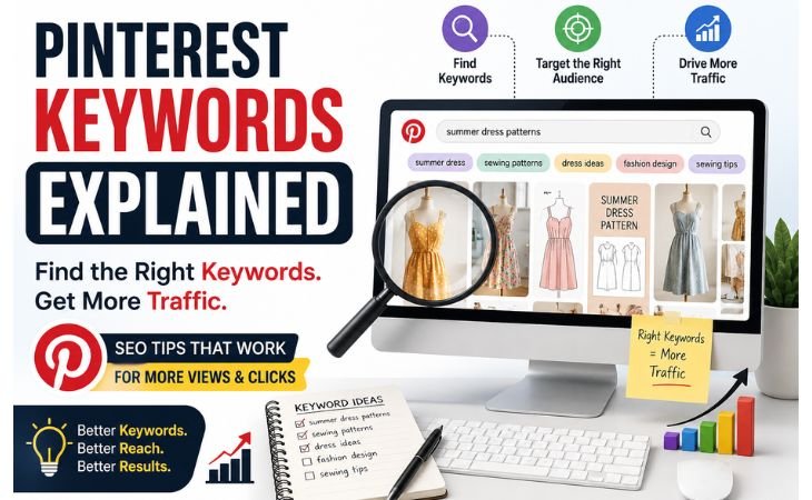 Pinterest Keywords Explained graphic showing Pinterest keyword research search ideas and SEO methods for growing website traffic