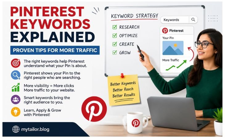Pinterest Keywords Explained graphic showing how keyword research and Pinterest SEO help Pins reach the right audience and increase website traffic