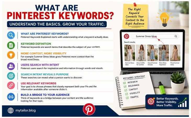 Pinterest Keywords Explained graphic showing how relevant keywords connect Pinterest content with the right audience and improve search visibility