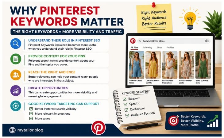 Pinterest Keywords Explained graphic showing how relevant keywords improve Pinterest SEO search visibility audience reach impressions saves and website traffic