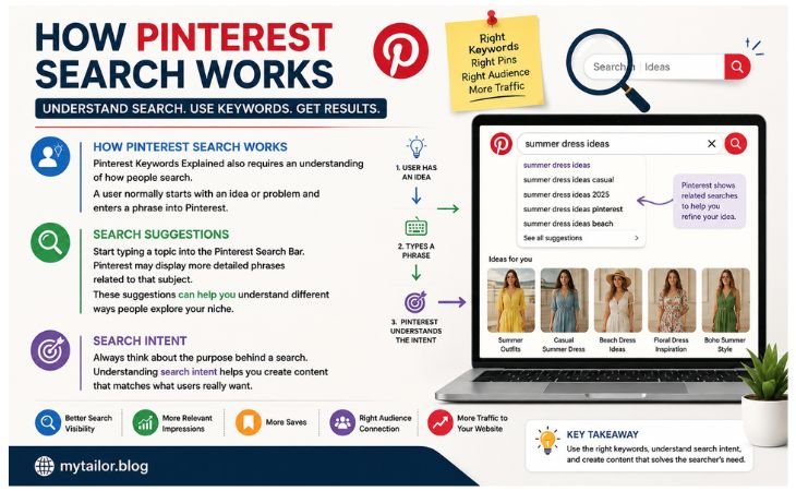 Pinterest Keywords Explained graphic showing how Pinterest search suggestions keywords and search intent help users discover relevant Pins and content