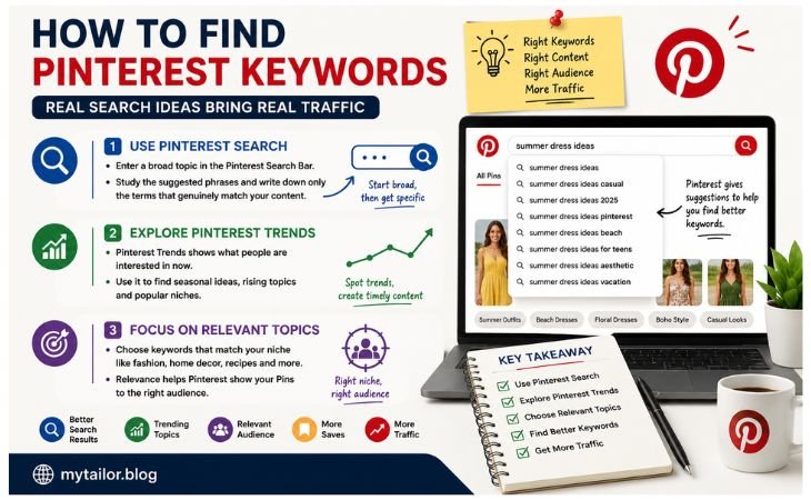 Pinterest Keywords Explained graphic showing how to find relevant keywords using Pinterest Search search suggestions and Pinterest Trends