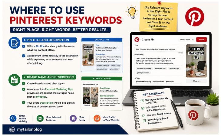 Pinterest Keywords Explained graphic showing where to use relevant keywords in Pin titles Pin descriptions Board names and Board descriptions