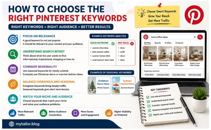 Pinterest Keywords Explained graphic showing how to choose relevant Pinterest keywords based on search intent seasonal trends evergreen topics niche and audience