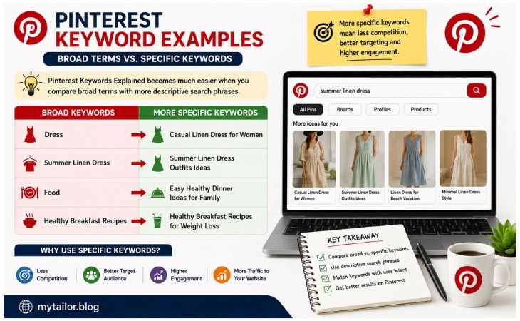 Pinterest Keywords Explained graphic comparing broad keywords with specific Pinterest keywords for better search targeting visibility and website traffic