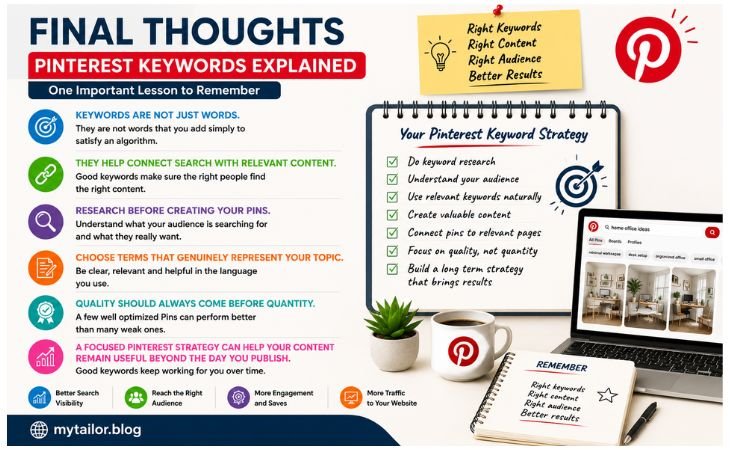 Pinterest Keywords Explained graphic showing keyword research audience targeting relevant content quality Pins and a long term Pinterest SEO strategy