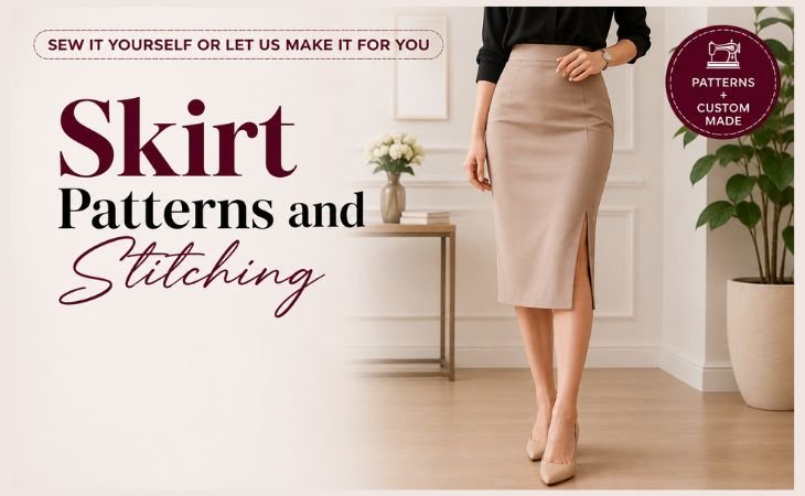 Skirt Patterns and Stitching featuring a professionally stitched pencil skirt with custom made skirt options
