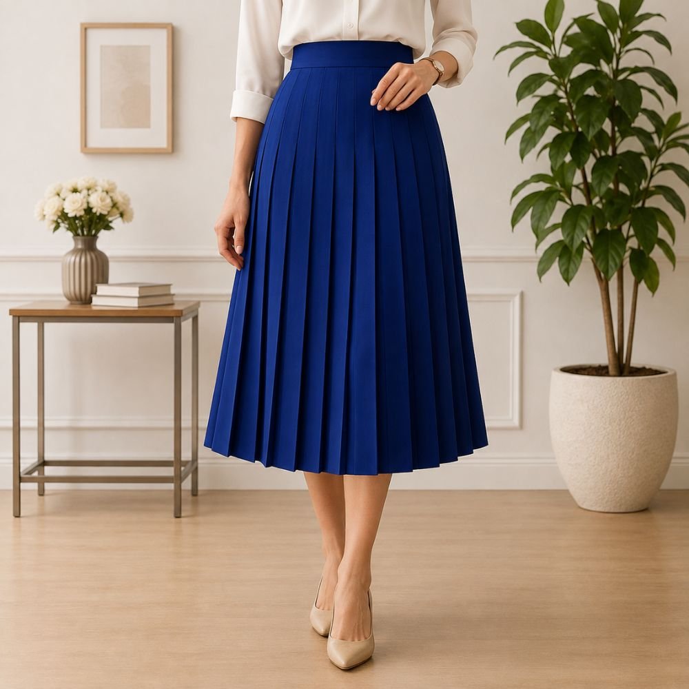 Pleated Skirt Pattern featuring a royal blue high waisted pleated midi skirt with a classic elegant design