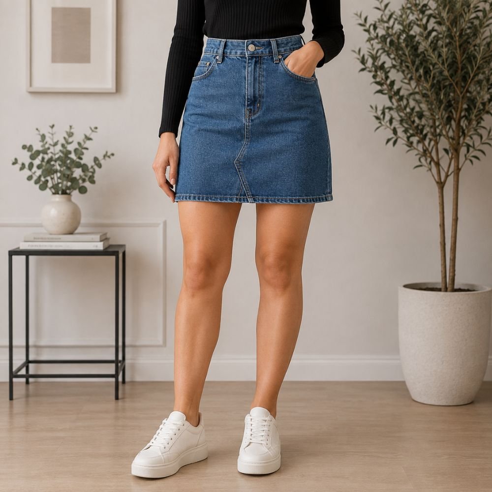 Denim Skirt Pattern featuring a blue high waisted denim skirt with front pockets and a classic casual design