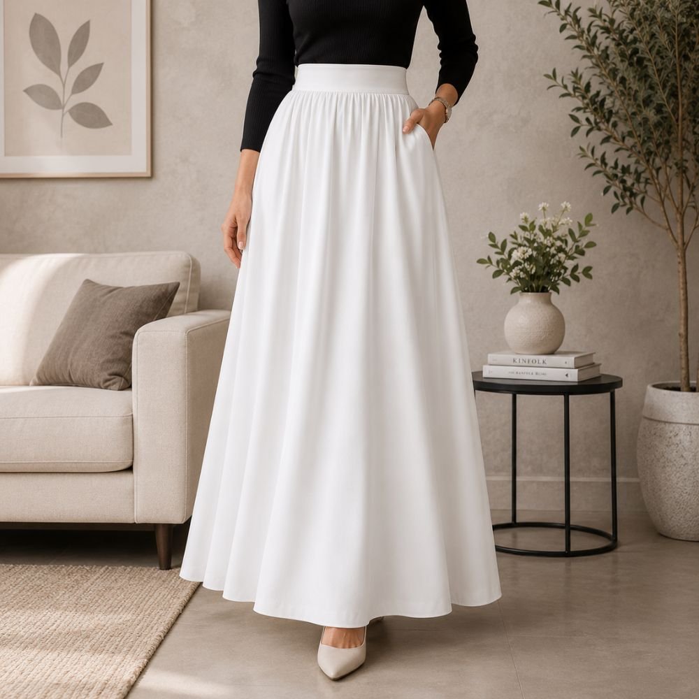 Maxi Skirt Pattern featuring a white high waisted maxi skirt with a long flowing shape and elegant design