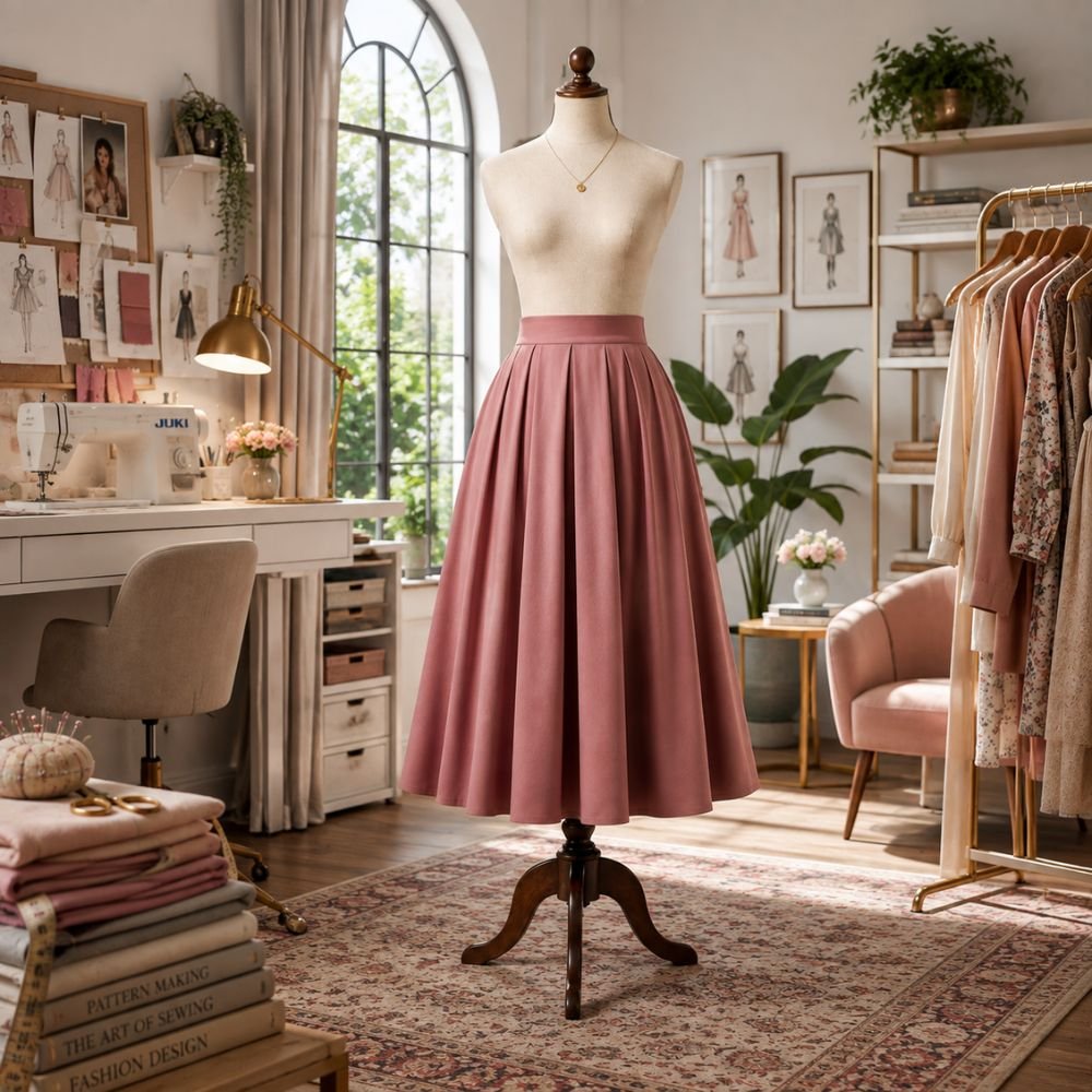 Midi Skirt displayed on a dress form in a bright fashion design studio with a sewing machine, fabrics, fashion sketches, and sewing tools.