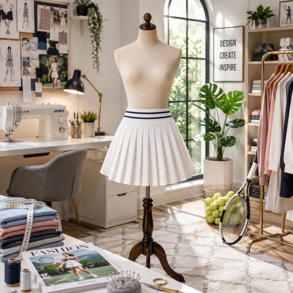 Tennis Skirt displayed on a dress form in a bright fashion studio with pleated details, sewing tools, fabrics, and tennis accessories.