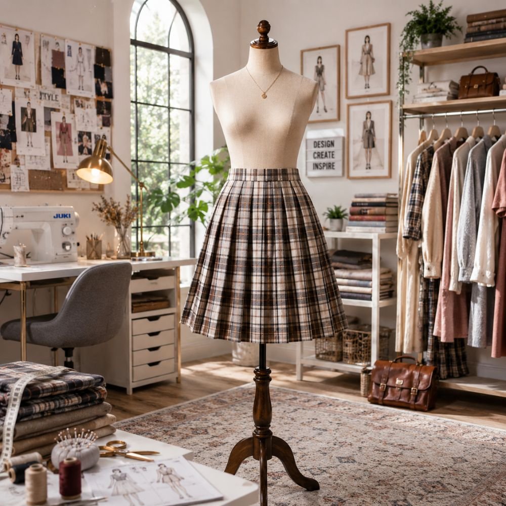 Plaid Skirt displayed on a dress form with classic pleats and a neutral check pattern inside a modern fashion design studio.