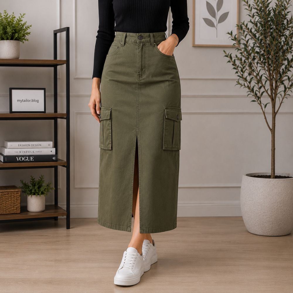 Cargo Skirt Pattern featuring an olive green high waisted cargo skirt with utility pockets and a front slit