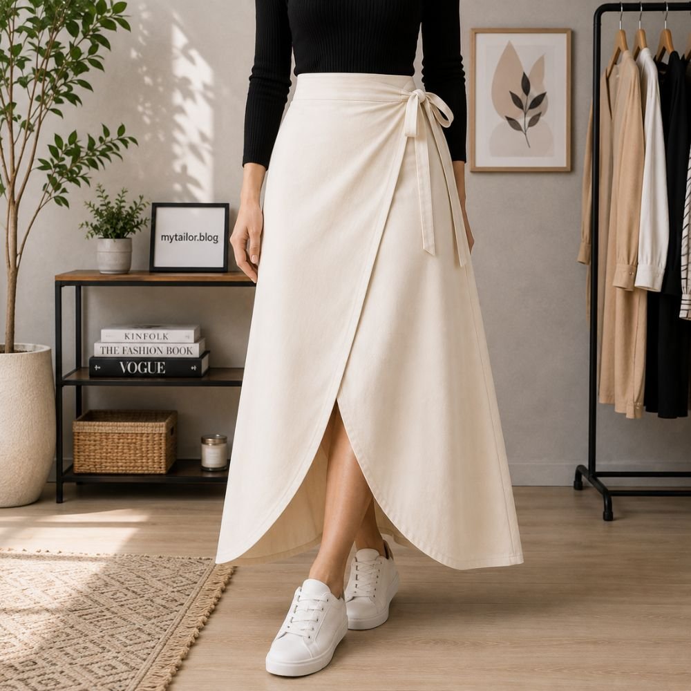 Wrap Skirt Pattern featuring a cream high waisted wrap skirt with a side tie and elegant overlapping front design