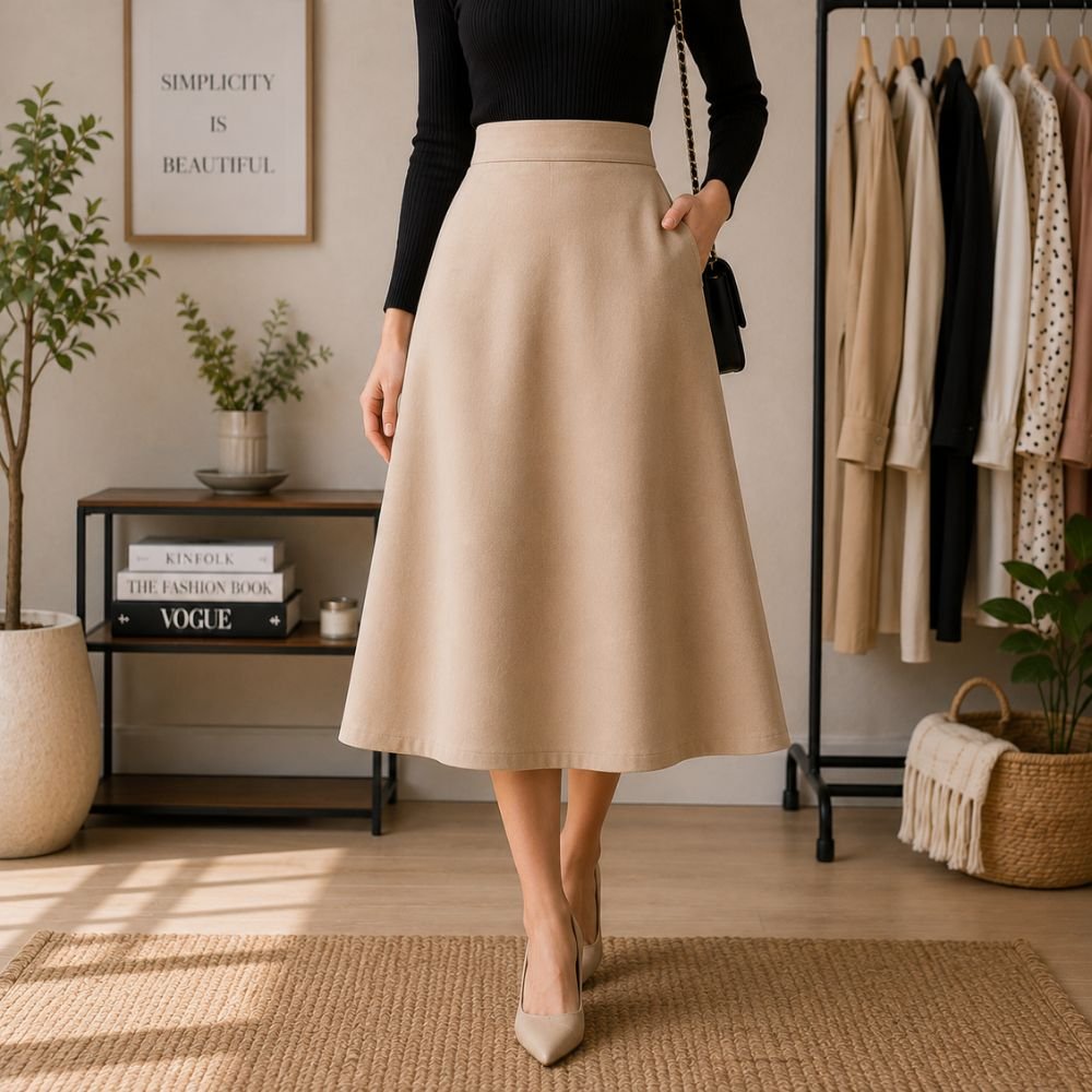 A Line Skirt Pattern featuring a beige high waisted midi skirt with a clean flared shape and elegant design
