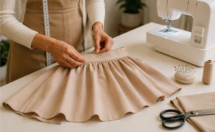 Custom Skirt Stitching showing a tailor working on a beige skirt with a sewing machine and measuring tape
