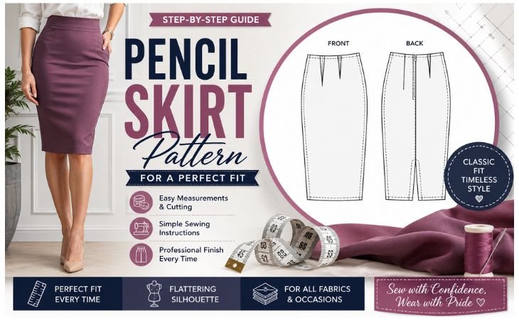Pencil Skirt Pattern showing a fitted pencil skirt with front and back pattern pieces, measurements, cutting, and sewing details.