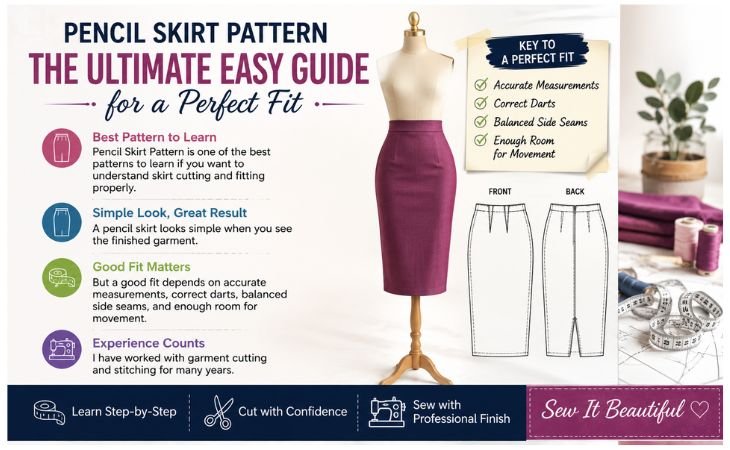 Pencil Skirt Pattern teaching graphic showing accurate measurements, pattern drafting, fabric cutting, sewing, and pencil skirt fitting.