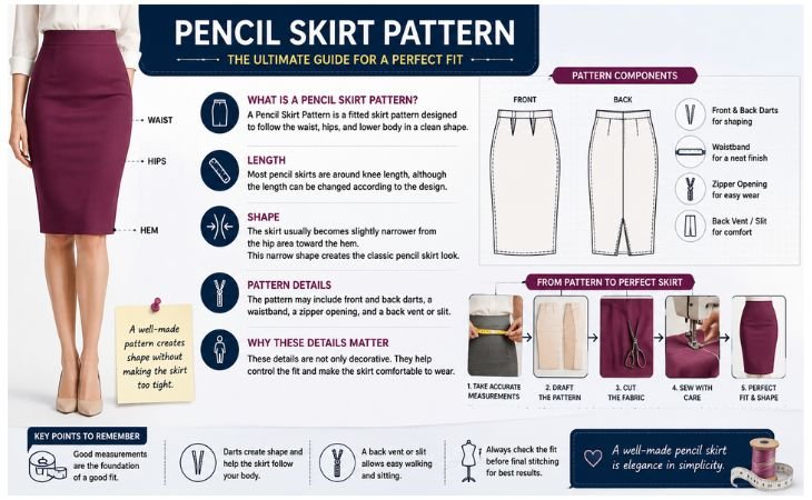 Pencil Skirt Pattern infographic showing a fitted skirt, front and back pattern pieces, darts, waistband, zipper, and back vent.