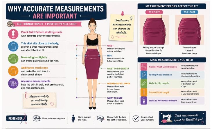Pencil Skirt Pattern measurement guide showing waist, hips, waist to hip length, skirt length, and waist to knee measurements.