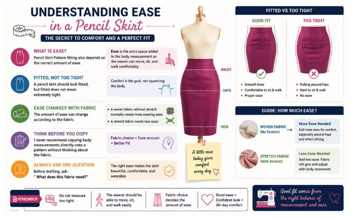 Pencil Skirt Pattern ease guide showing the difference between a good fit and a tight fit with woven and stretch fabric.