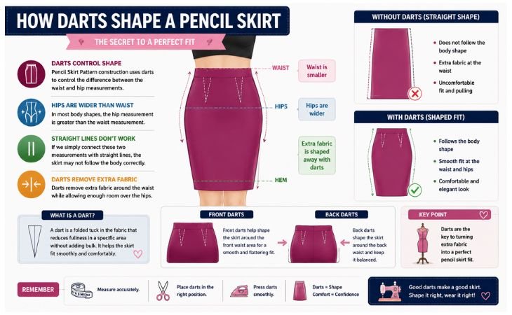 Pencil Skirt Pattern dart guide showing how front and back darts shape the waist and hips for a smooth and comfortable fit.