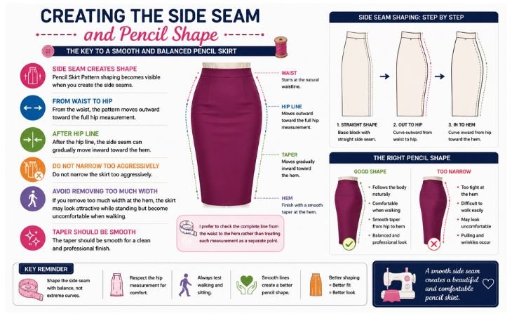 Pencil Skirt Pattern side seam guide showing waist, hip line, smooth taper, hem shaping, and the correct pencil skirt silhouette.