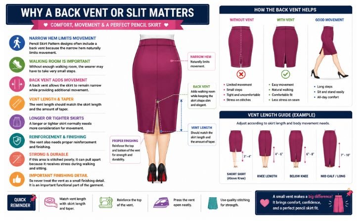 Pencil Skirt Pattern back vent guide showing vent placement, length, reinforcement, and how a back slit allows comfortable walking.