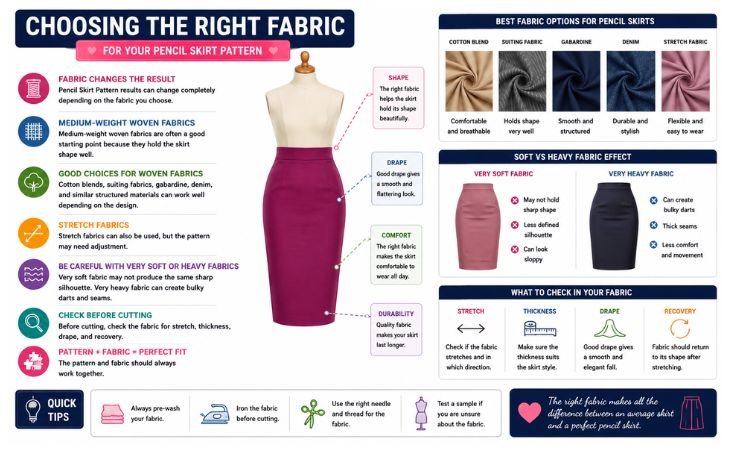 Pencil Skirt Pattern fabric guide showing cotton blend, suiting fabric, gabardine, denim, and stretch fabric for a comfortable fit.