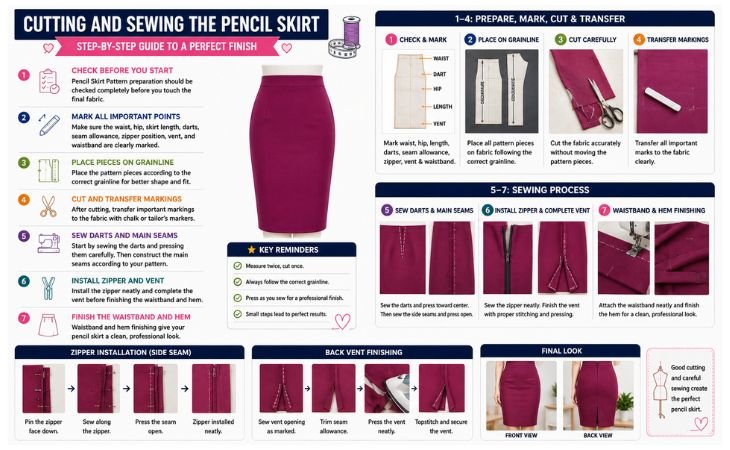 Pencil Skirt Pattern cutting and sewing guide showing grainline placement, fabric cutting, darts, zipper, back vent, waistband, and hem finishing.
