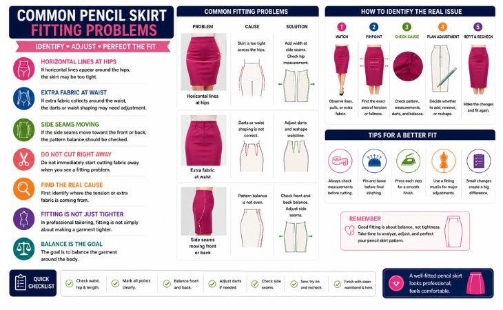 Pencil Skirt Pattern fitting guide showing hip wrinkles, extra fabric at the waist, side seam problems, and simple fitting adjustments.