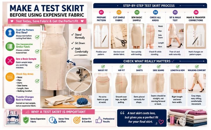 Pencil Skirt Pattern test skirt guide showing how to check the waist, hips, darts, side seams, hem, and walking comfort before cutting final fabric.