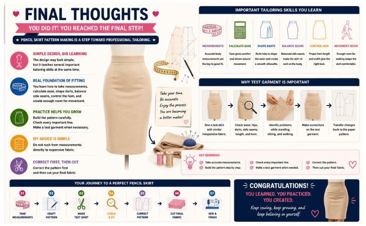 Pencil Skirt Pattern final guide showing measurements, ease, darts, side seams, test fitting, pattern correction, cutting, and sewing.