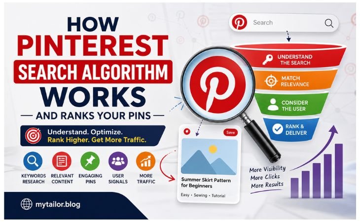 How Pinterest Search Algorithm Works graphic showing keyword relevance user signals Pin ranking and Pinterest search visibility.