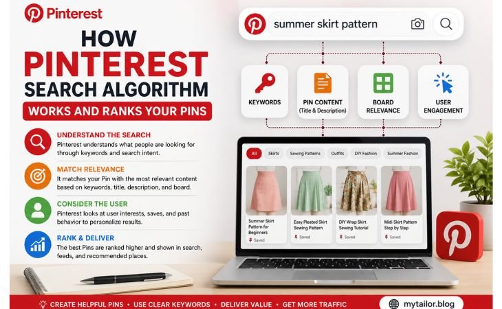 How Pinterest Search Algorithm Works infographic showing keywords Pin content board relevance and user engagement signals.