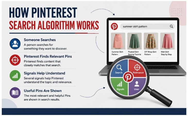 How Pinterest Search Algorithm Works graphic showing search relevance content signals and useful Pin results.
