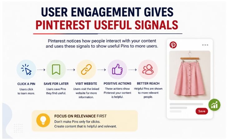How Pinterest Search Algorithm Works through user engagement signals including Pin clicks saves website visits and relevant content.