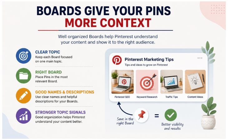How Pinterest Search Algorithm Works with organized Pinterest Boards that give Pins clear topic context and stronger relevance.