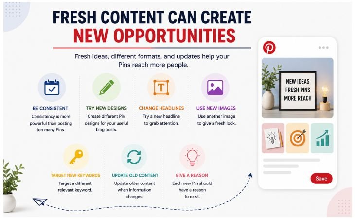 How Pinterest Search Algorithm Works with fresh Pin designs new headlines relevant keywords and updated content.