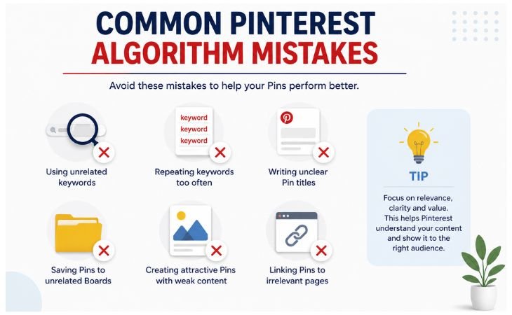 How Pinterest Search Algorithm Works infographic showing common Pinterest SEO mistakes including unrelated keywords unclear Pin titles weak content and irrelevant links.