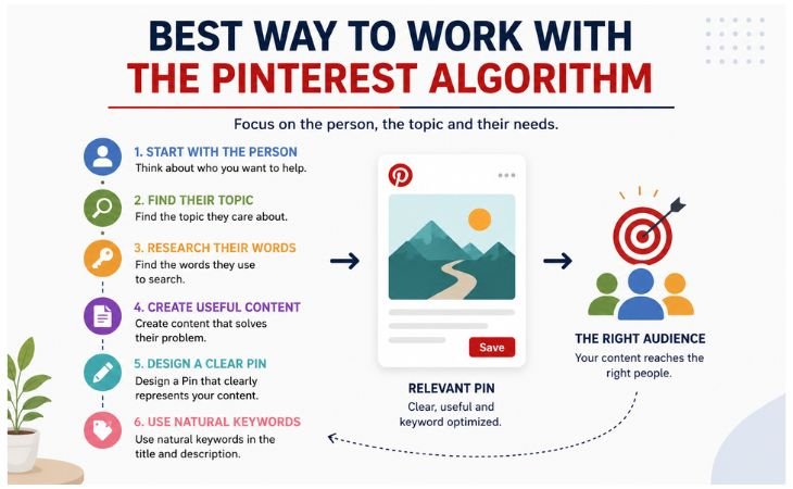 How Pinterest Search Algorithm Works infographic showing a clear Pinterest strategy using audience research relevant topics useful content and natural keywords.